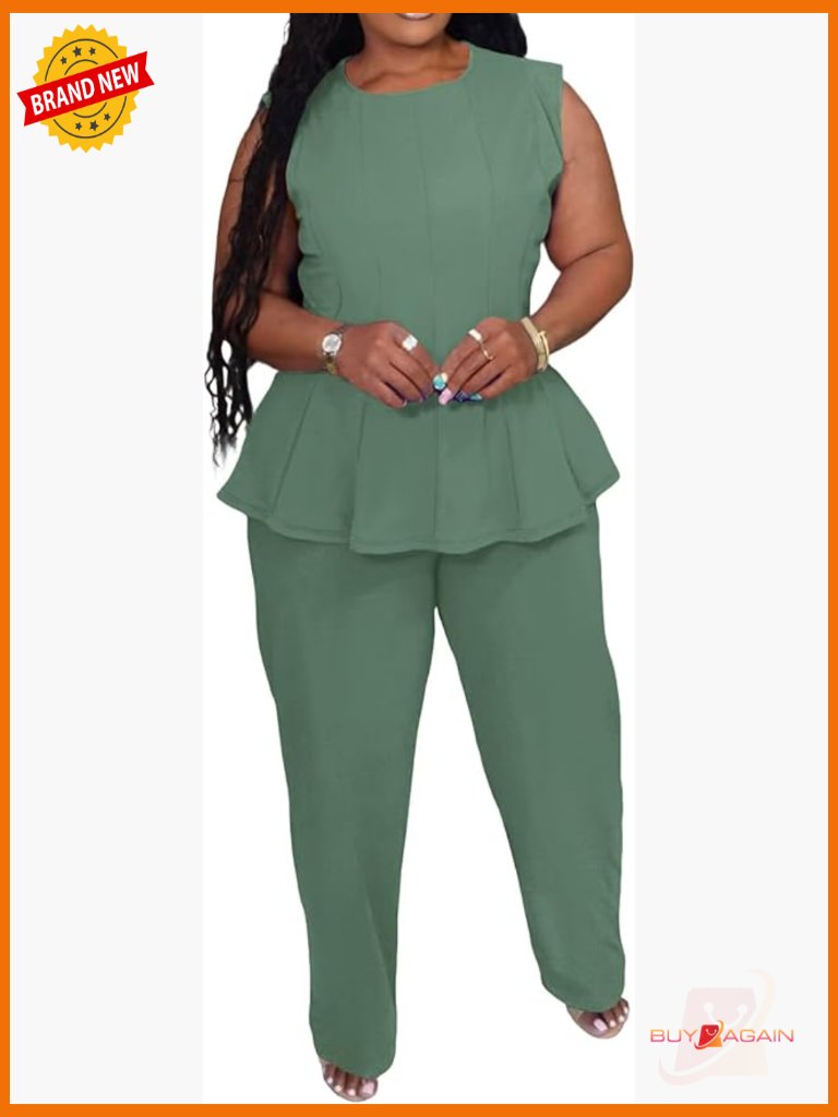 Plus Size 2 Piece Outfits Pants Sets Sleeveless Peplum Tank Tops Wide Leg Pant